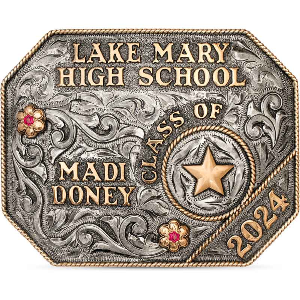 A custom belt buckle for Texas State San Marcos Texas Class of 2024 with personalized name featuring a golden star figure 